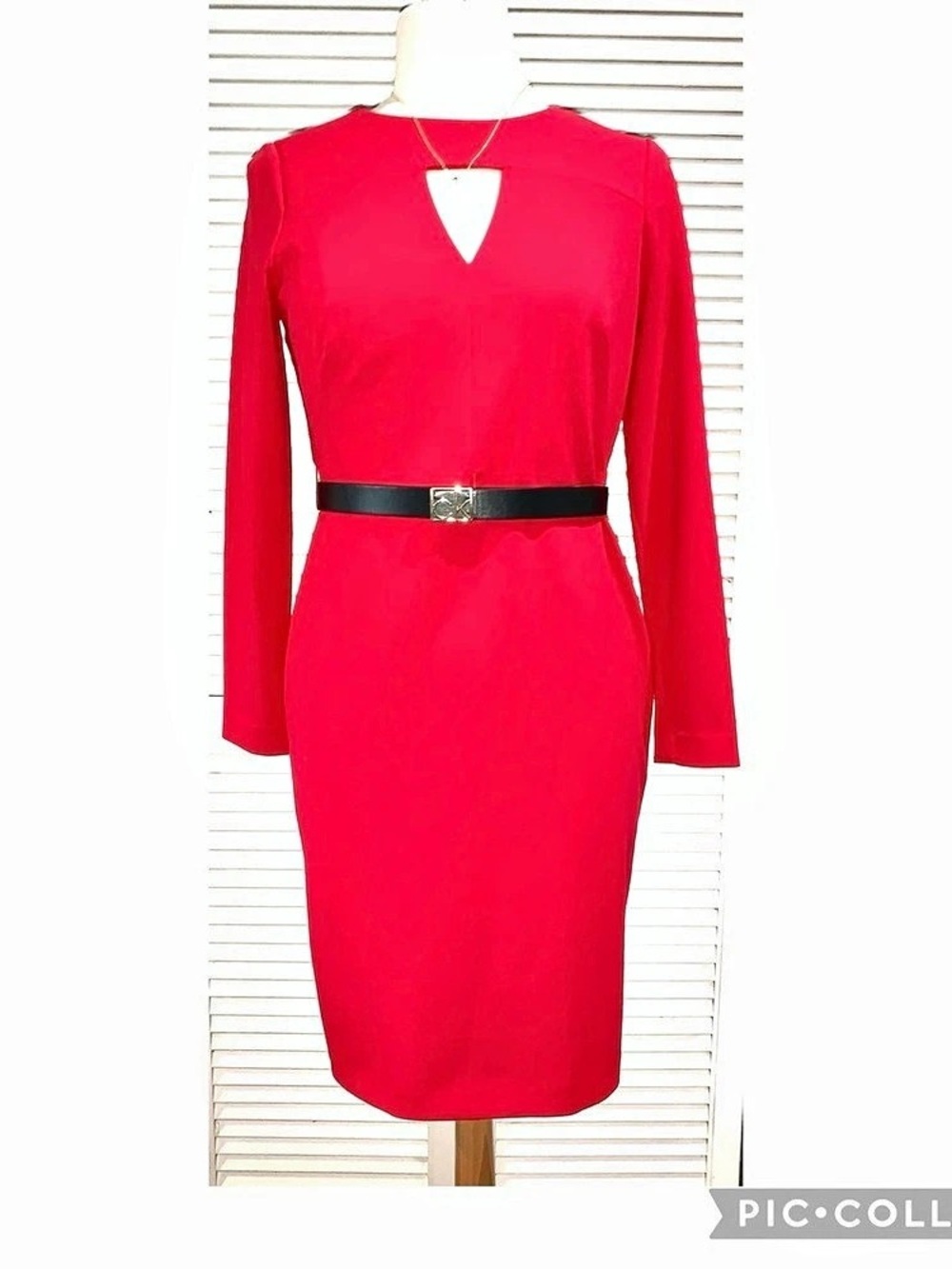 Calvin Klein Red Long Sleeve Midi Sheath Dress with belt 10P